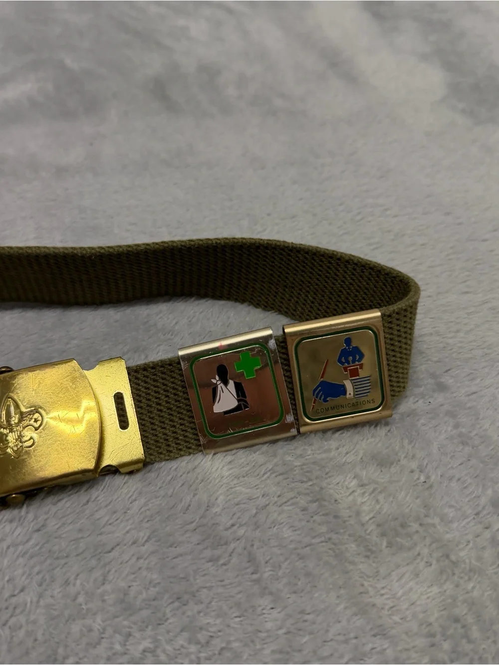 Vintage Boy Scouts of America Blue Web Belt Brass Buckle 9 Merit Badge Charms